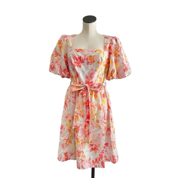 ELIZA J Floral Eyelet Square Neckline Puff Sleeve Mini Dress Belted Cotton Sz 10 - Picture 1 of 9